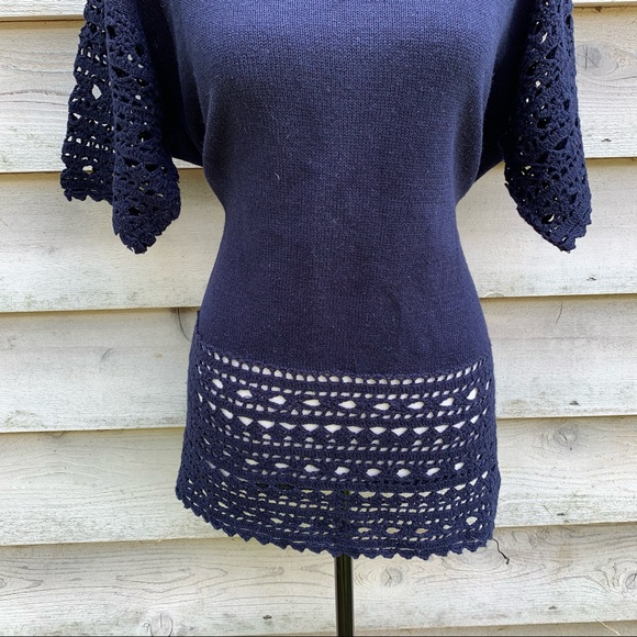 Vintage 90s Navy Blue Solid Print Crochet Trim Short Sleeve Knit Sweater Blouse - Picture 11 of 16